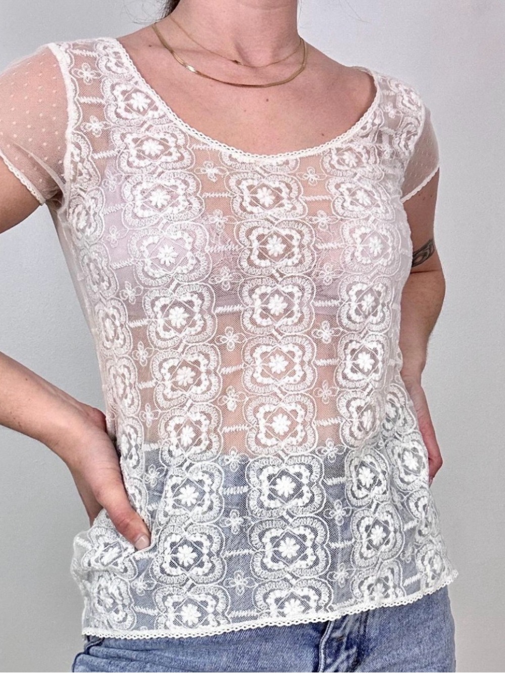 Aerie Pretty Luxuries Sheer Floral Lace Scoop Neck Top ivory embroidered XL